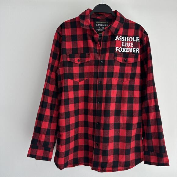 Assholes*s Live Forever Shirt Mens Large Red Black Flannel Buffalo Plaid Check - Picture 2 of 9